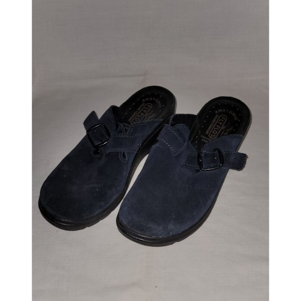 Fly Flot Shoes Womens Size 36 5.5 Polly Navy Blue Suede Leather Slip On Clogs